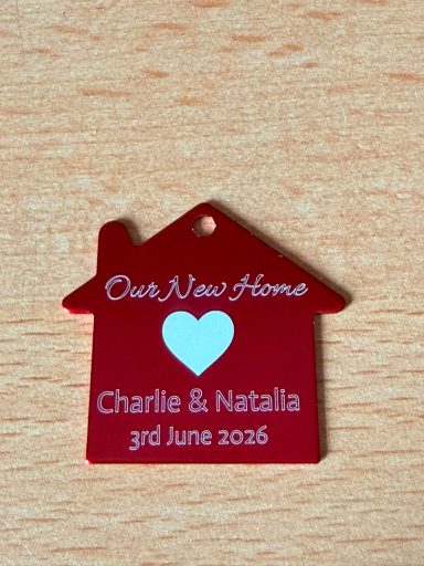New home keyring Personalised red house shaped engraved keyring