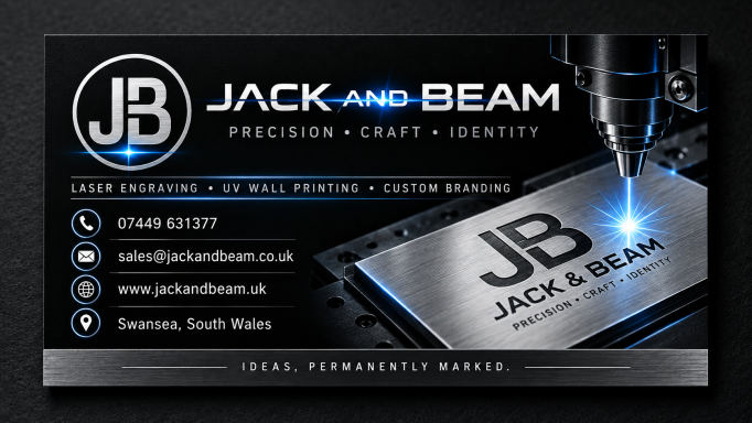 Engraved business card design Jack & Beam promotional design depicting a laser engraving a metal business card