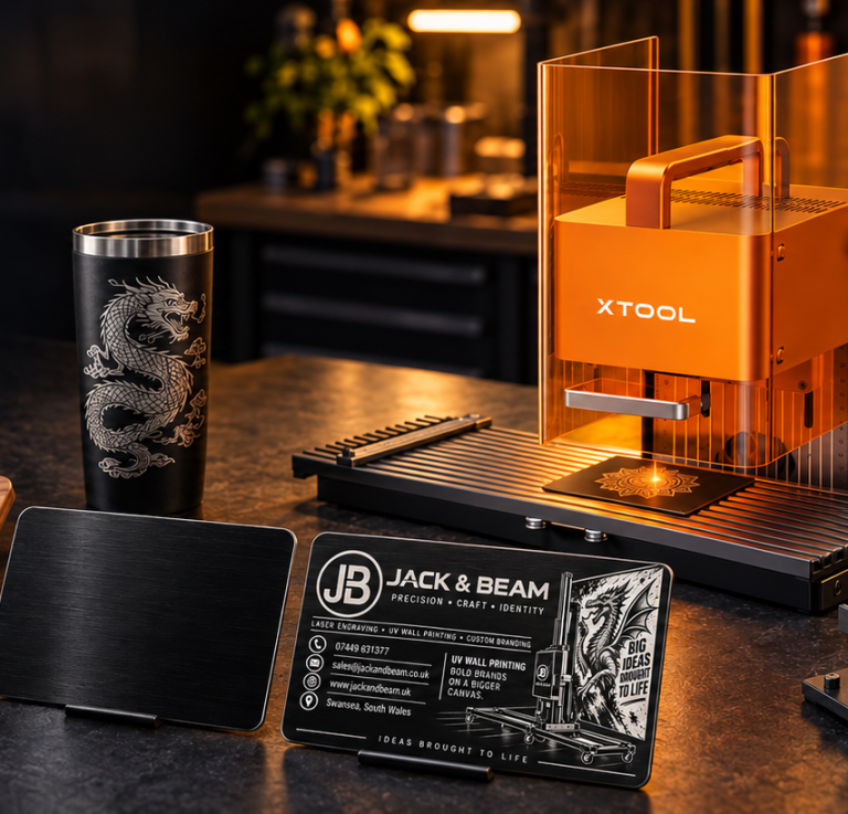 Illustrative workshop scene with a desktop laser engraver