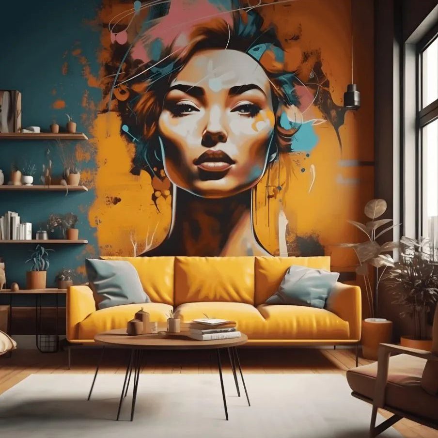 Illustrative living-room concept with a colourful portrait mural above a yellow sofa