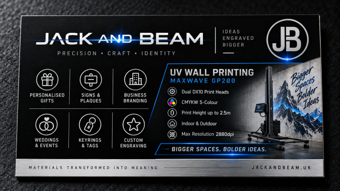 Wall printing and engraving design Jack & Beam promotional design showing UV wall printing and personalised engraving services